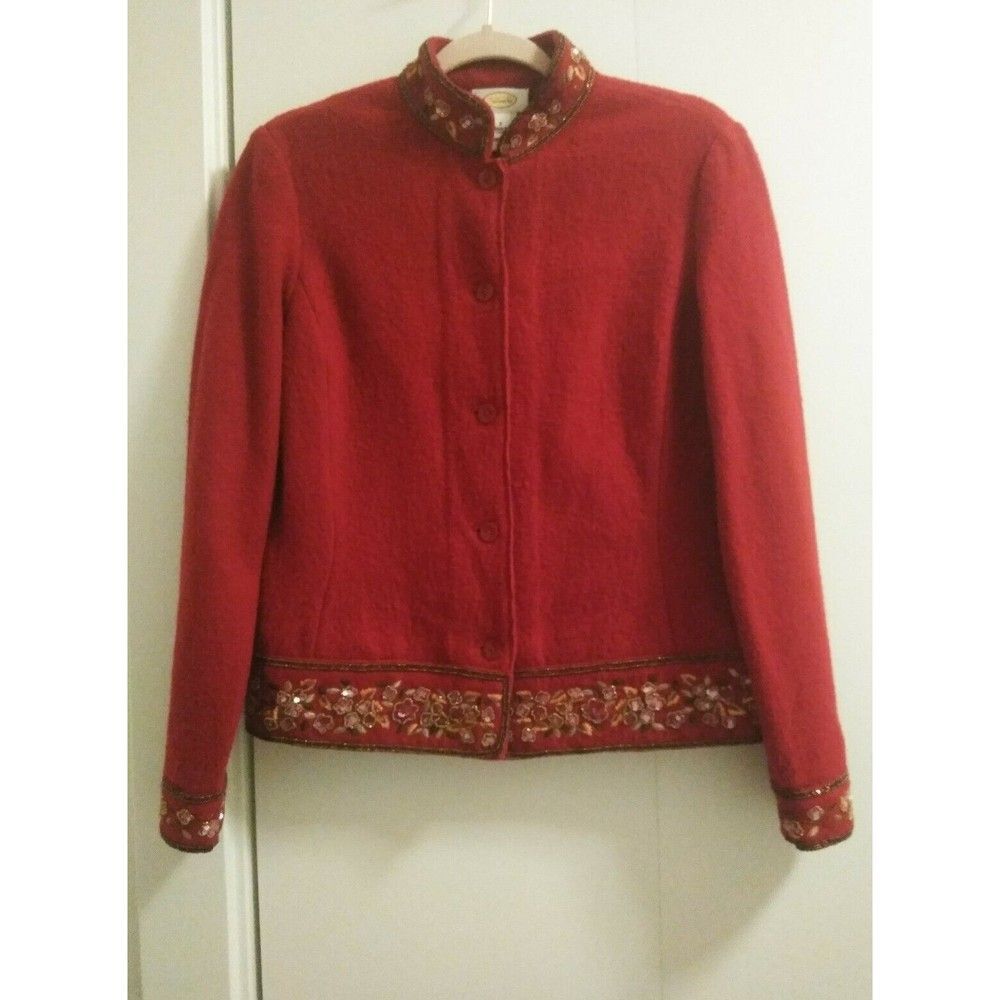 Talbots Wool Blazer Small Mandarin Collar Beading Floral Embroidery Red